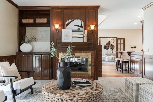 interior space featuring a brick fireplace