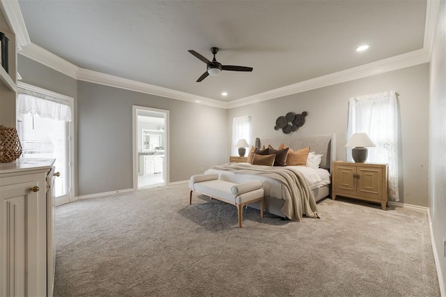 carpeted bedroom with ceiling fan and crown molding