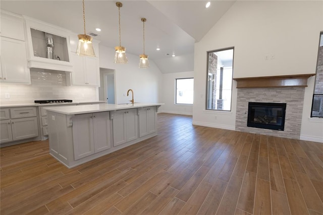 kitchen featuring a stone fireplace, an island with sink, tasteful backsplash, wood-type flooring, and white cabinets