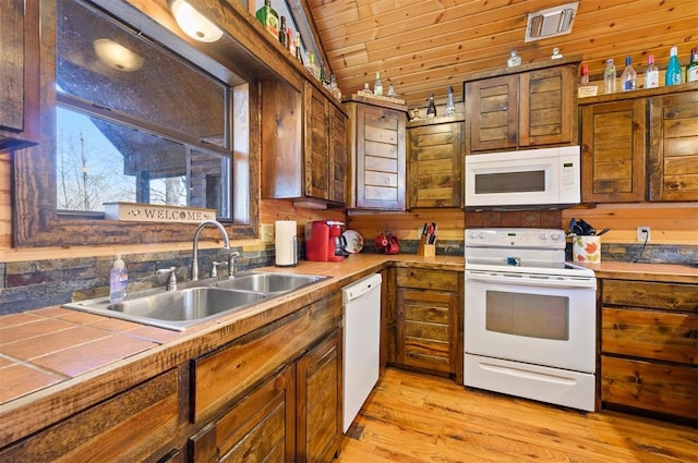 kitchen with white appliances, sink, light hardwood / wood-style flooring, wooden ceiling, and lofted ceiling