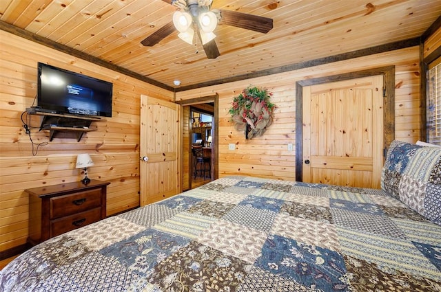 bedroom with ceiling fan, wood ceiling, and wood walls