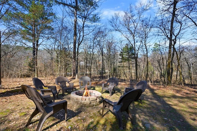 view of yard featuring an outdoor fire pit