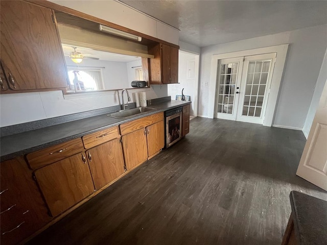 kitchen with dark wood-type flooring, french doors, sink, wine cooler, and ceiling fan