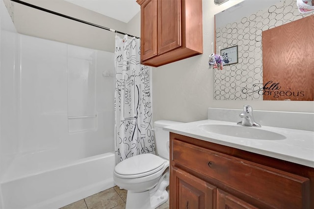 full bathroom with tile patterned flooring, vanity, toilet, and shower / bath combo with shower curtain