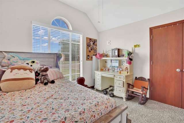 bedroom featuring carpet and vaulted ceiling