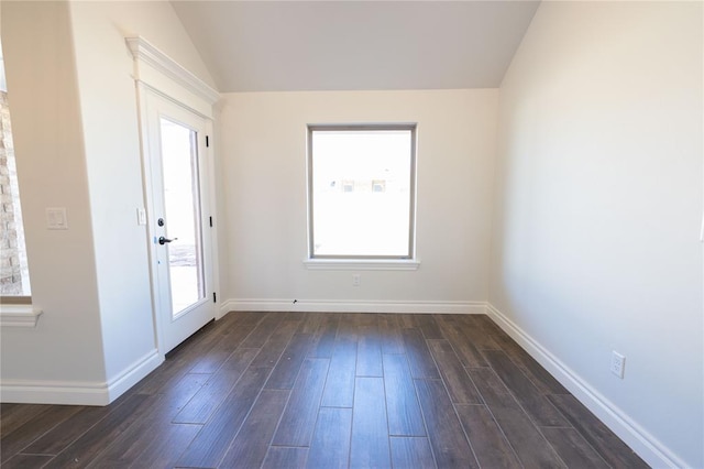 interior space with vaulted ceiling and dark wood-type flooring