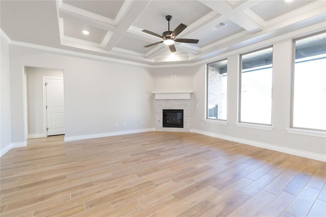 unfurnished living room featuring a fireplace, visible vents, light wood-style flooring, ceiling fan, and baseboards