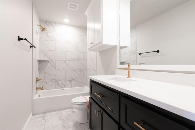 bathroom with visible vents, toilet,  shower combination, marble finish floor, and vanity