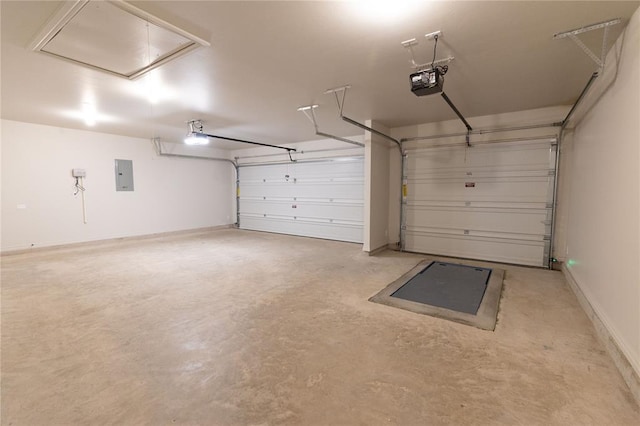 garage featuring baseboards, electric panel, and a garage door opener