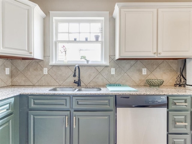 kitchen with dishwasher, backsplash, white cabinetry, and sink