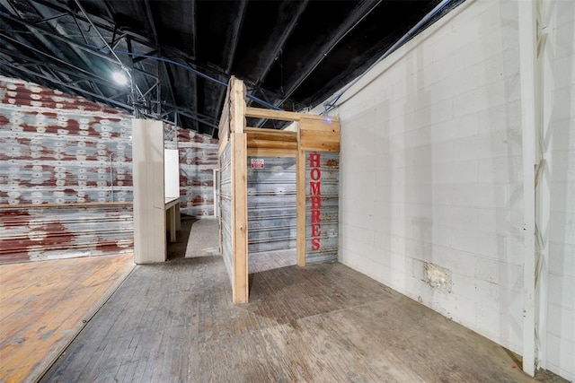 basement with hardwood / wood-style flooring