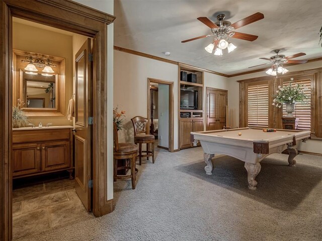 game room with light carpet and billiards