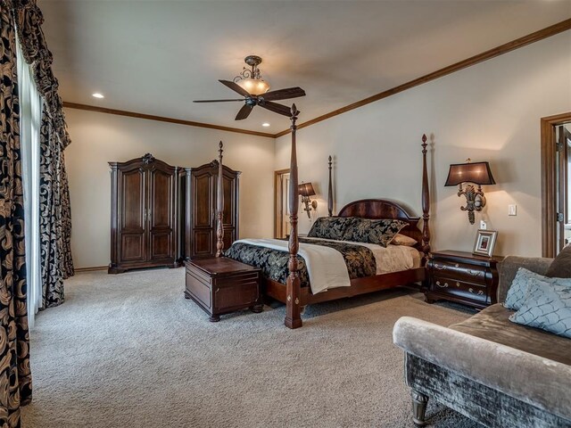 bedroom featuring ceiling fan, light colored carpet, and ornamental molding