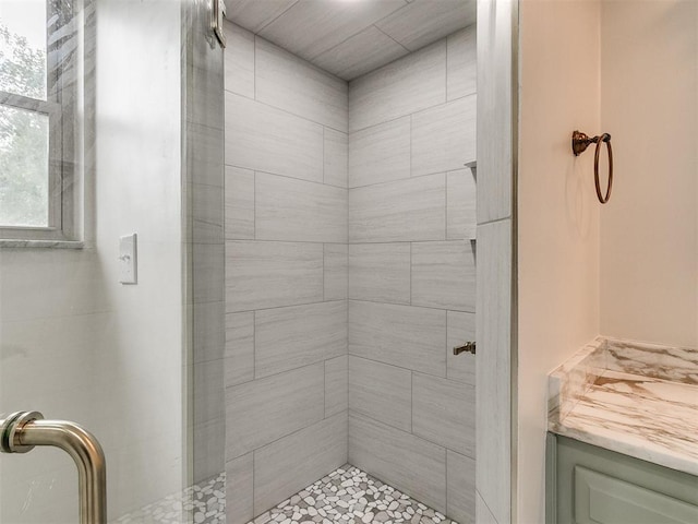 bathroom featuring vanity and a shower with shower door