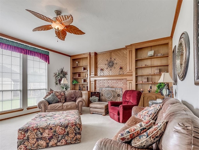 living room with crown molding, ceiling fan, light carpet, and a brick fireplace