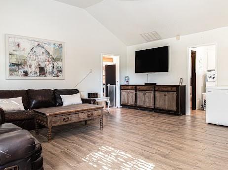 living room with light hardwood / wood-style floors and high vaulted ceiling