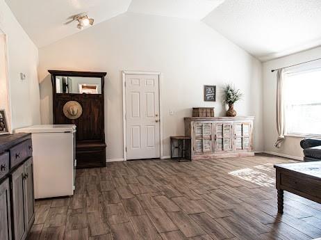 living area featuring dark hardwood / wood-style flooring and lofted ceiling