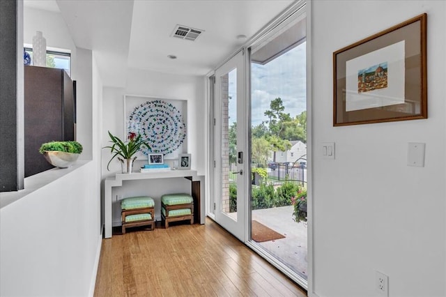 doorway to outside with plenty of natural light and light hardwood / wood-style flooring