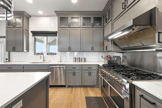 kitchen featuring appliances with stainless steel finishes, backsplash, extractor fan, sink, and light hardwood / wood-style flooring