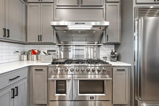 kitchen with decorative backsplash, gray cabinets, high quality appliances, and exhaust hood