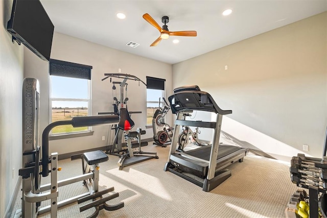 workout room with carpet floors and ceiling fan