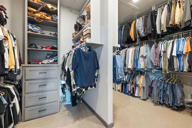 walk in closet with light carpet