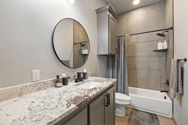 full bathroom with vanity, toilet, and shower / bathtub combination with curtain