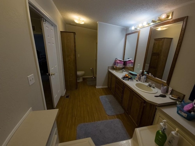 bathroom with vanity, hardwood / wood-style floors, a textured ceiling, and toilet