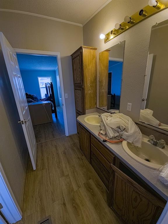 bathroom featuring hardwood / wood-style flooring, vanity, crown molding, and a textured ceiling