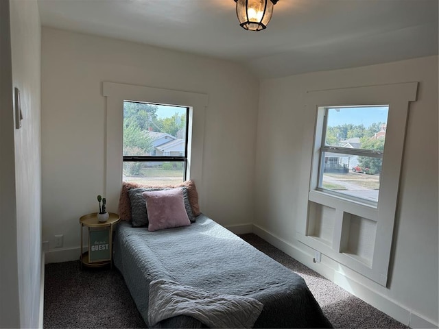 bedroom with vaulted ceiling and dark carpet