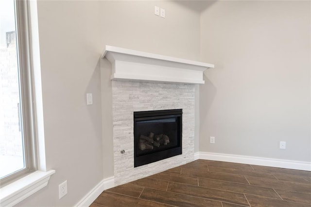 details featuring baseboards, a stone fireplace, and wood finish floors