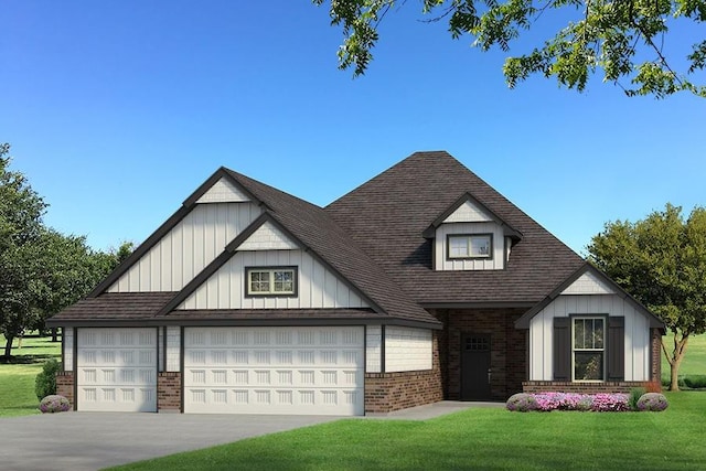 view of front of home featuring brick siding, an attached garage, board and batten siding, driveway, and a front lawn