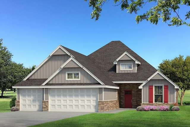 craftsman inspired home featuring an attached garage, brick siding, concrete driveway, a front lawn, and board and batten siding