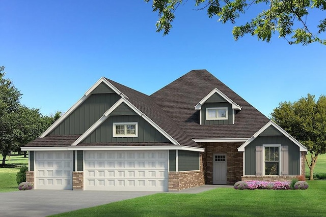 craftsman-style home featuring concrete driveway, an attached garage, a front yard, board and batten siding, and brick siding