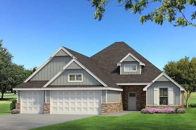 craftsman-style home featuring brick siding, concrete driveway, an attached garage, board and batten siding, and a front lawn