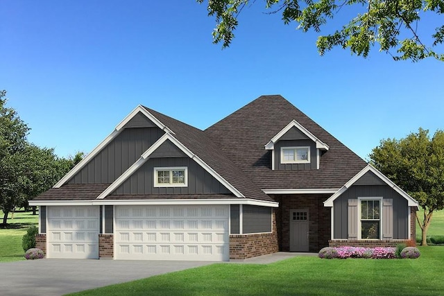 craftsman-style house with driveway, a front lawn, board and batten siding, and brick siding