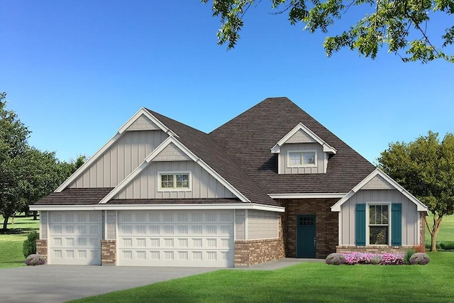 craftsman-style house with brick siding, concrete driveway, board and batten siding, a garage, and a front lawn