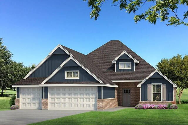 view of front of home with brick siding, concrete driveway, board and batten siding, a garage, and a front lawn