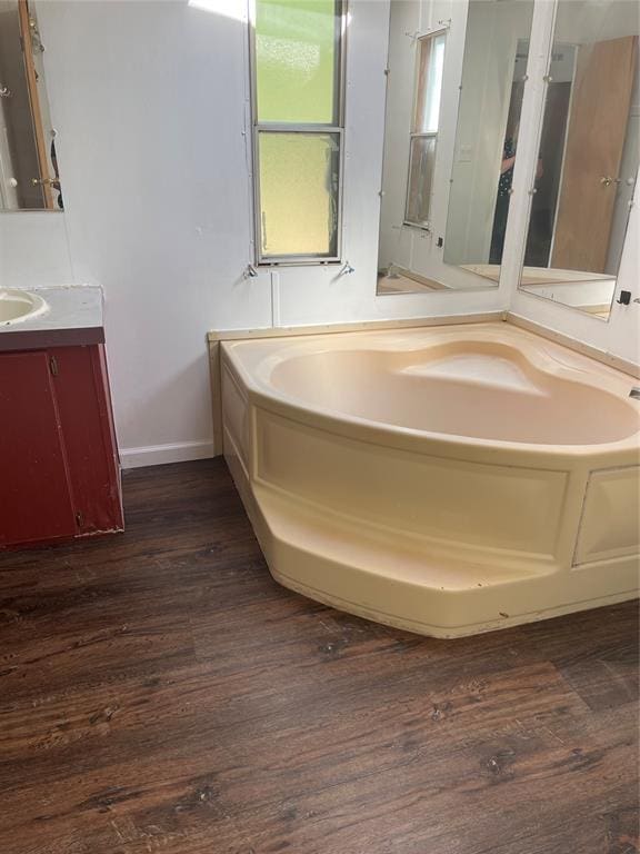 bathroom with a tub to relax in, vanity, and wood-type flooring