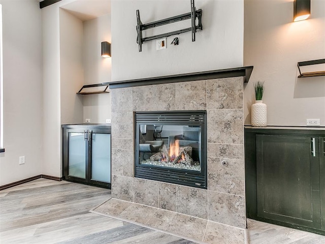 room details with wood-type flooring and a fireplace