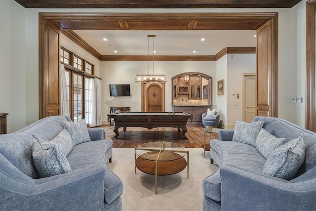 living room featuring light wood-type flooring and pool table