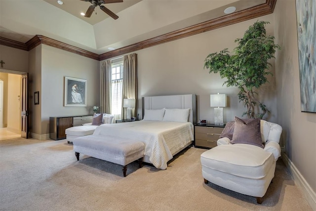 carpeted bedroom featuring ceiling fan, crown molding, and a high ceiling