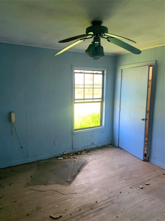 empty room with light wood-type flooring and ceiling fan