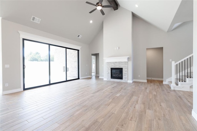 unfurnished living room featuring visible vents, beamed ceiling, a ceiling fan, and light wood-style flooring