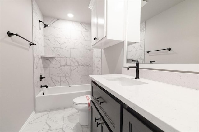 bathroom with vanity,  shower combination, toilet, marble finish floor, and baseboards