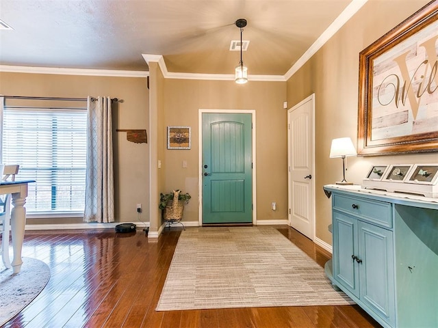 entryway featuring crown molding and wood-type flooring