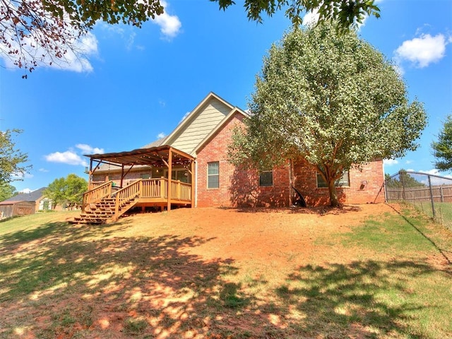 3393 Creek View Ct, Newcastle, OK 73065 - rear view of house featuring a deck, brick siding, and stairway