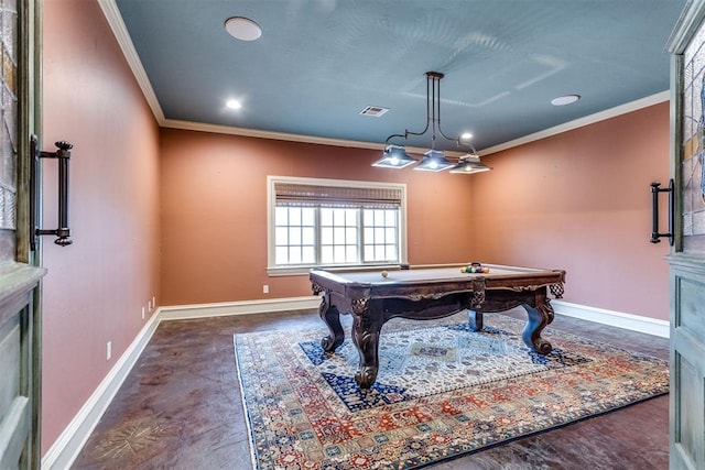 rec room with crown molding and billiards