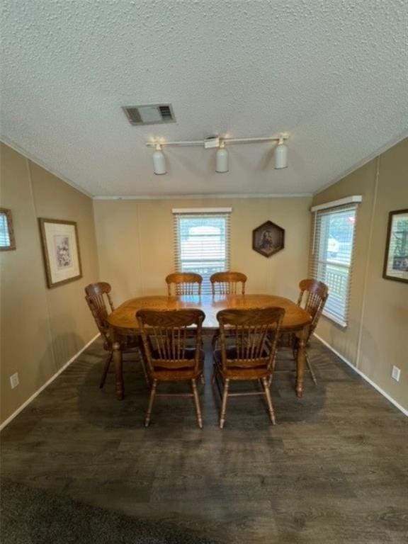 dining area with dark hardwood / wood-style flooring, a textured ceiling, crown molding, and lofted ceiling