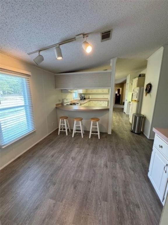 kitchen with a textured ceiling, white cabinets, and dark hardwood / wood-style floors